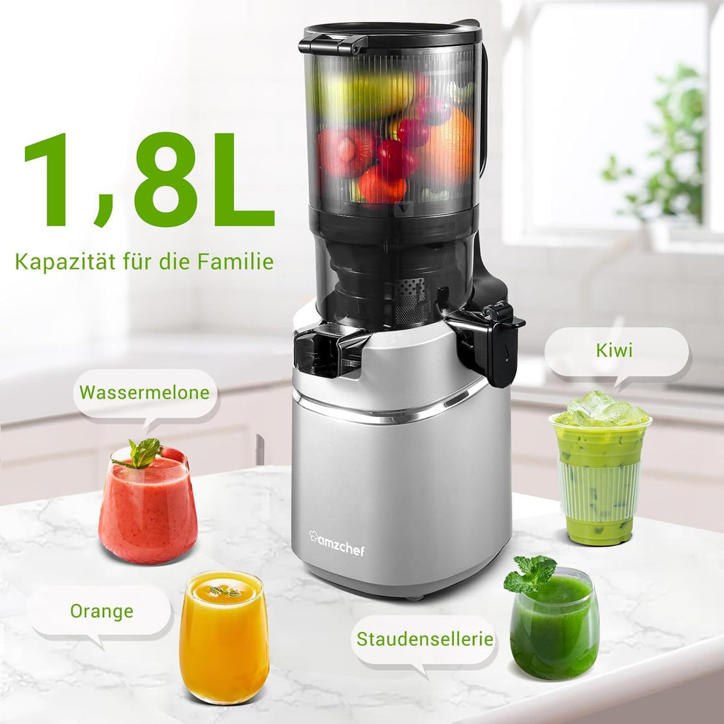 AMZCHEF Estrattore di Succo Automatico Tutto in Uno, Apertura da 135MM e Spremiagrumi da 1,8L per Frutta e Verdura, Estrattore di Succo Lento 250W Vincitore del Test con Triplo Filtro - Nero