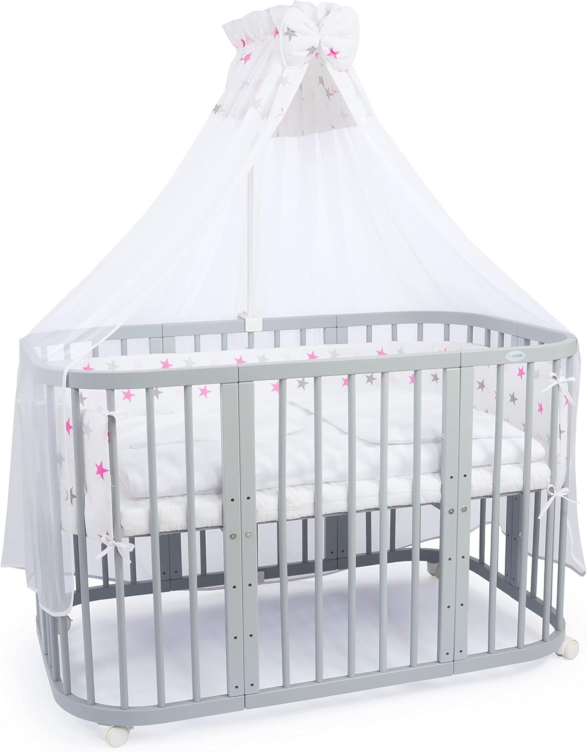 Waldin Lettino per bambini in legno 7in1 con materasso, Letto "Cresci con me", Ventilato, Base regolabile in 5 altezze, Set All-Inclusive, Legno Bianco