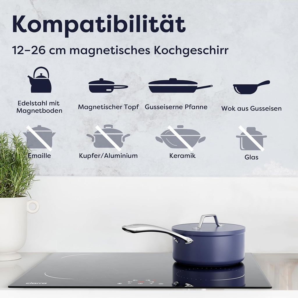 Ciarra CABBIH4-C 4 Zonen Einbau Induktionskochfeld 60cm Kochfeld Induktion Herdplatte Touch-Bedienung mit 4 Platten 9 Leistungsstufen Induktionskochplatte Timer 6000W
