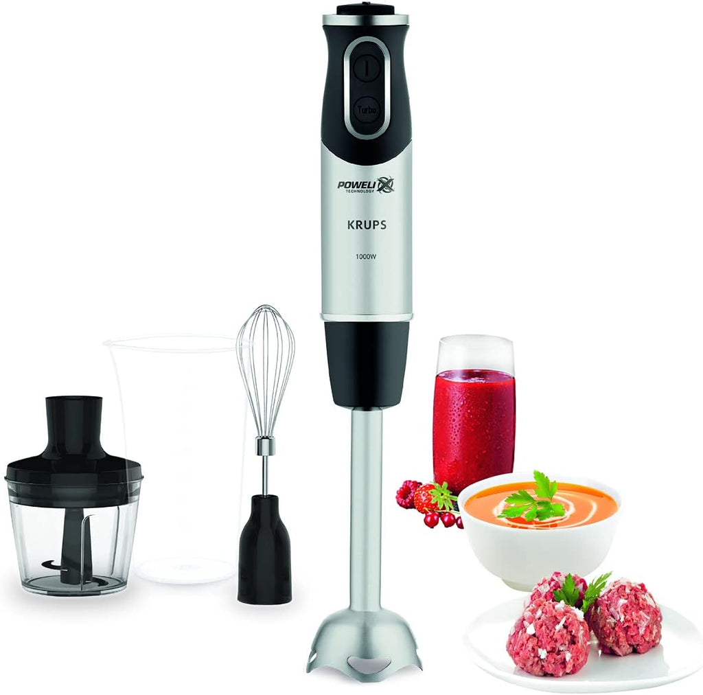 Krups Perfect Mix Stabmixer HZ6568 | Blender | 1000 Watt | Edelstahlfu | 4 extra scharfe Messer | Powelix Technologie | Schneebesen | 500 ml Zerkleinerer | 800 ml Messbecher | Schwarz/Silber