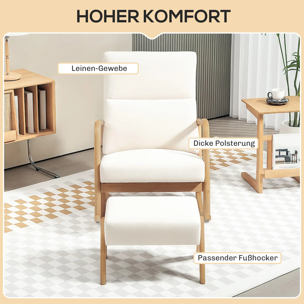 HOMCOM Poltrona a dondolo con pouf, dondolio rilassante, bianco crema