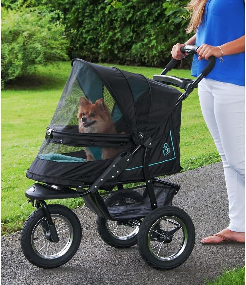 Passeggino per animali domestici No-Zip NV per cani/gatti, ingresso senza cerniera, facile chiusura con una mano, pneumatici con riempimento in gel, imbottitura in peluche + copertura antipioggia inclusi, 3 colori