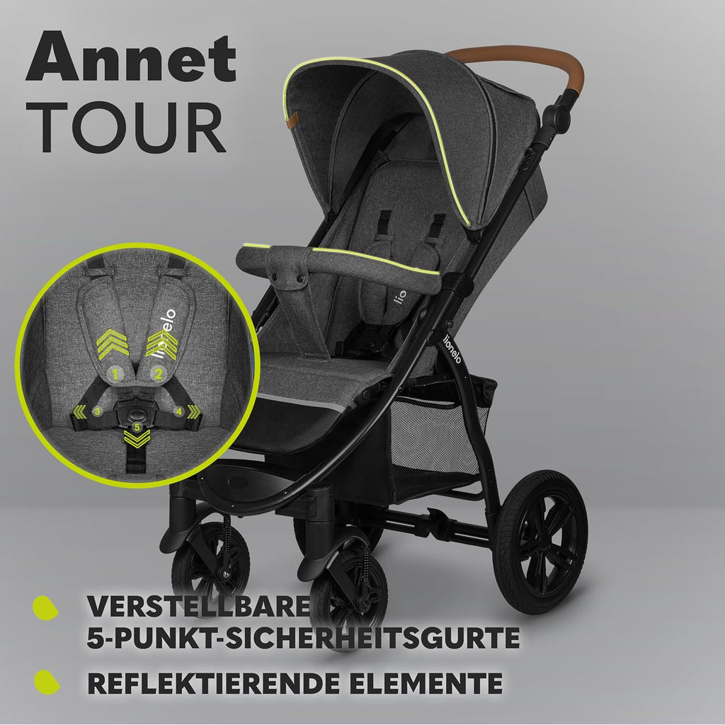 LIONELO Annet Tour Kinderwagen bis 22 kg, verstellbarer Griff, zusammenklappbar, verstellbare Rückenlehne bis zur Liegeposition, wartungsfreie Räder, XXL-Verdeck, 5-Punkt-Gurt, Einkaufskorb