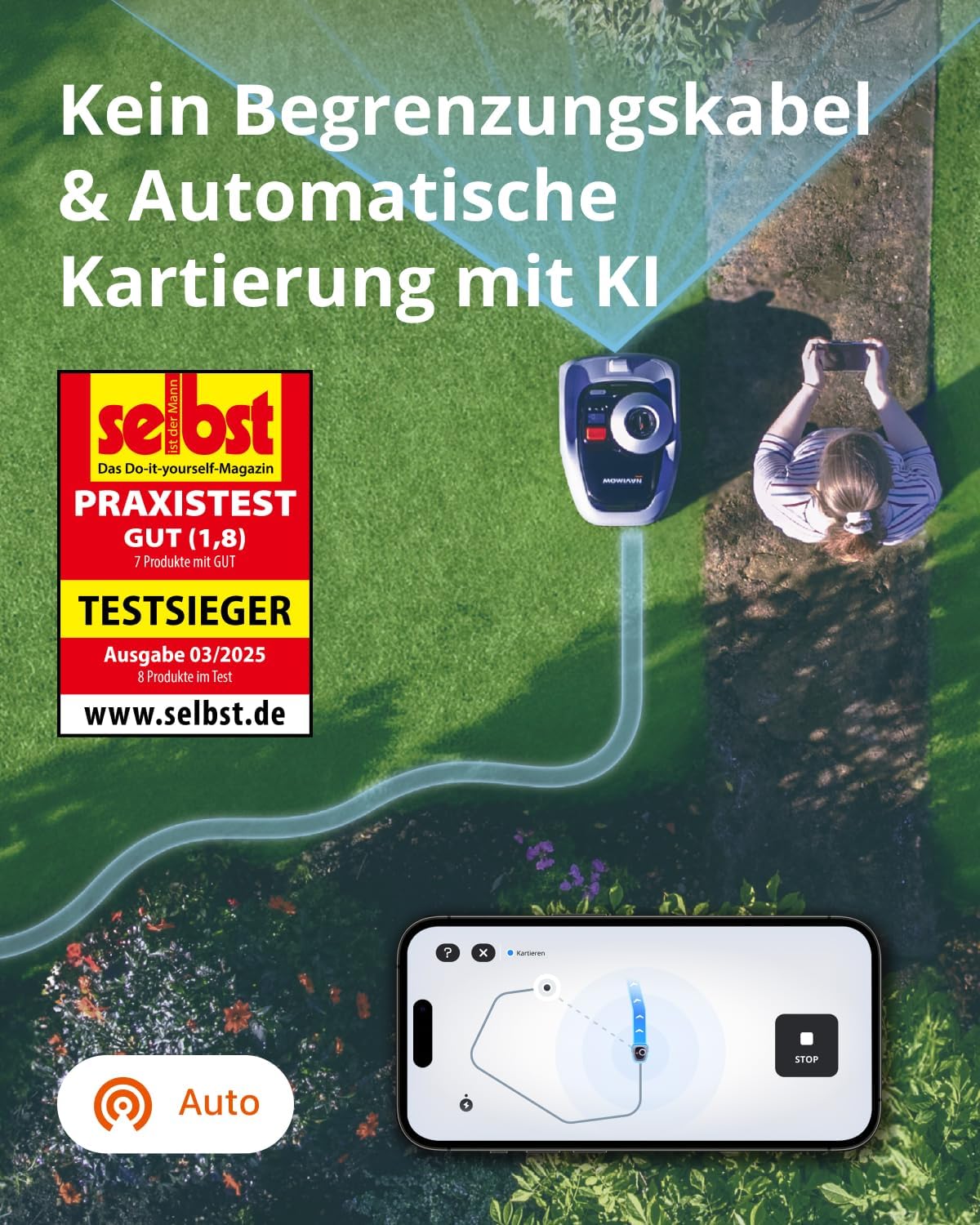 Robot tagliaerba Navimow i105E senza filo perimetrale, consigliato 500 m², max. 600 m², robot tosaerba RTK+Vision vincitore del test, protezione ricci, mappatura AI automatica, confine virtuale, multizona