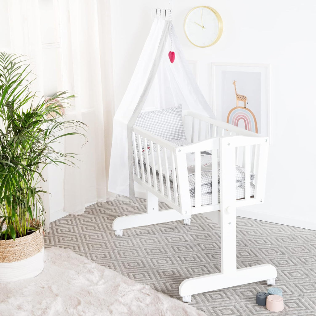 roba Babywiege 40 x 90 cm Adam & Eule - Stubenwagen & Wiege mit Rollen - Bett Set komplett mit Feststellfunktion - Inkl. textiler Ausstattung - Holz weiß