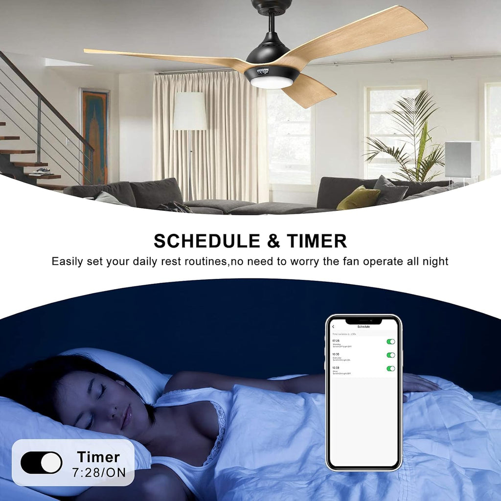 reiga Ventilatore da soffitto WiFi 132 CM con illuminazione a LED dimmerabile e telecomando, 3 temperature di colore, motore DC 6 velocità, compatibile con l'App Alexa Google Home, legno e marrone