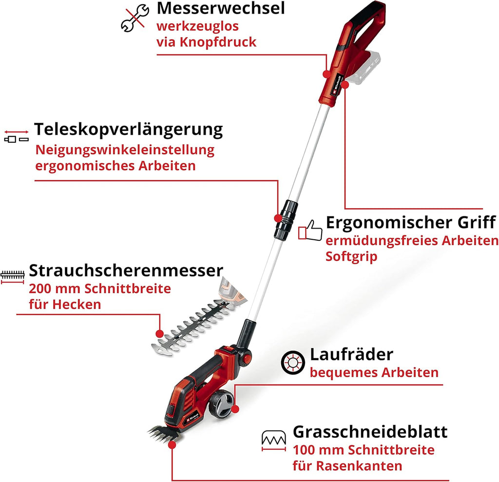 Tagliasiepi e tagliaerba a batteria Einhell GE-CG 18/100 Li-Solo Power X-Change (Li-Ion, 18 V, larghezza di taglio lama tagliaerba 100 mm, lama tagliasiepi 200 mm, senza batteria e caricabatterie)