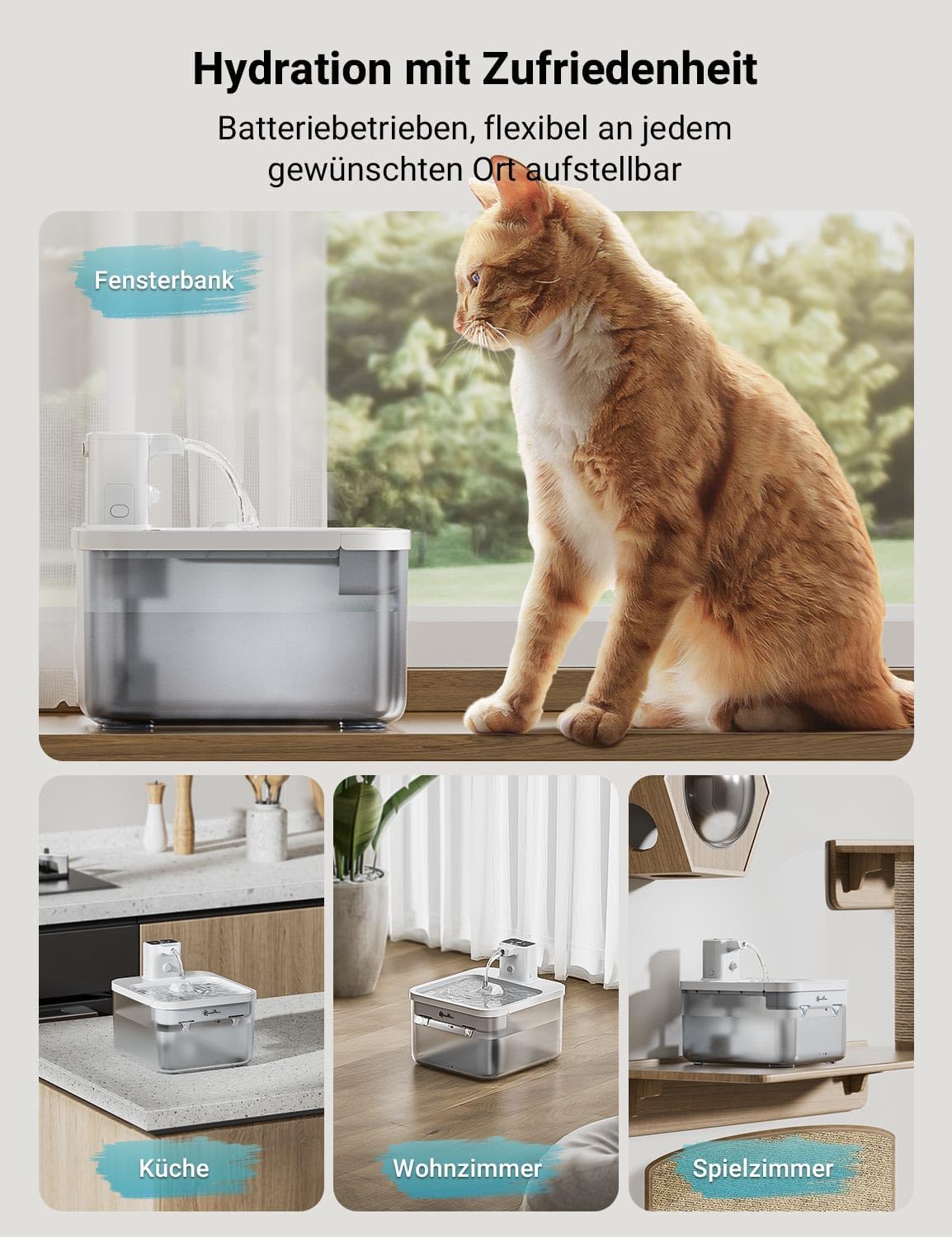DownyPaws 2.5L Trinkbrunnen für Katze Kabellos, Katzenbrunnen Kabellos mit Bewegungsmelder, Batteriebetrieben Katzentrinkbrunnen, 4000mAh, Leise Wasserpumpe, Tablett aus Edelstahl für Katze, Schwarz