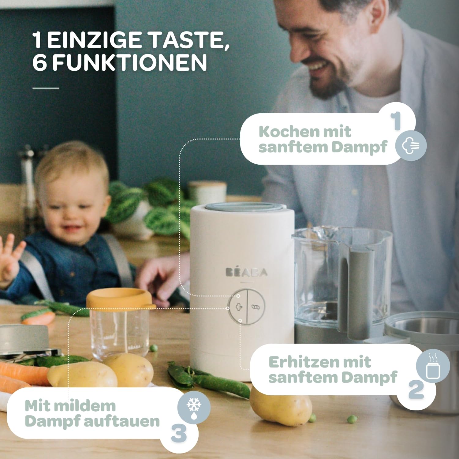 Béaba - Babycook Neo - 6 in 1 Babynahrungszubereiter - Schonender Dampfgarer - Glaskrug und Garkorb aus Edelstahl - Mineralgrau