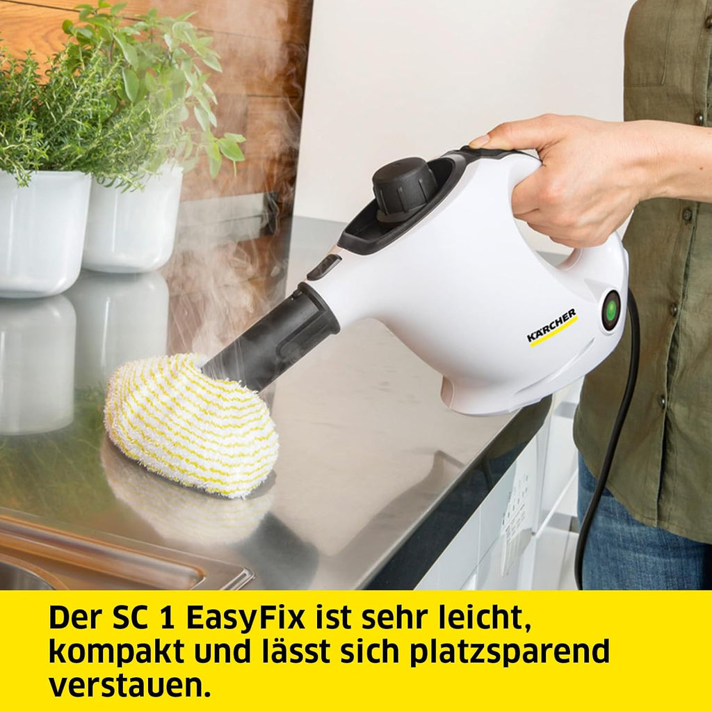Kärcher Pulitore a vapore SC 2 EasyFix, pressione vapore: 3,2 bar, tempo di riscaldamento: 6,5 min., potenza: 1.500 W, copertura: 75 m², serbatoio: 1 l, con set per la pulizia del pavimento EasyFix, ugelli e panno in microfibra, bianco