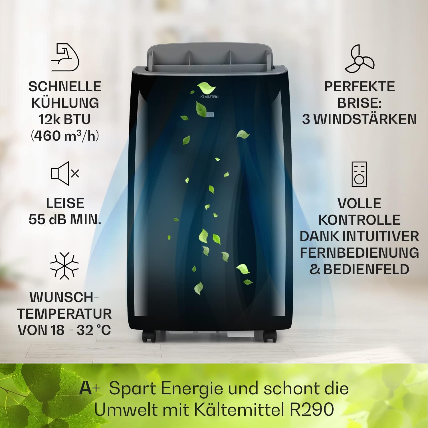 Klarstein Condizionatore Mobile con Tubo di Scarico, Climatizzatore 4 in 1, Ventilatore, Deumidificatore e Modalità Notturna, Condizionatore Piccolo e Portatile per Casa e Ufficio, Basso Consumo, 14000BTU