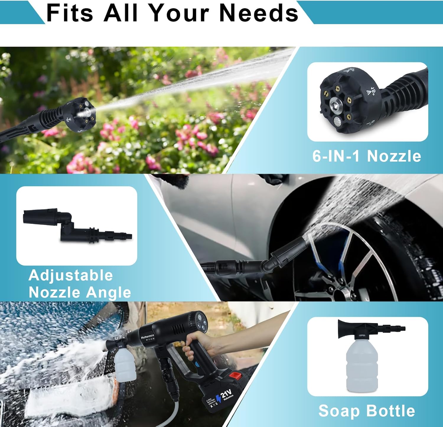 Idropulitrice a Batteria Huhomco con 2 Batterie da 4000 mAh e Caricabatterie, Idropulitrice Portatile ad Alta Pressione da 200 Bar con Motore Brushless, Pistola Idropulitrice Portatile con Ugello 6-in-1, 3 Livelli di Pulizia per Auto