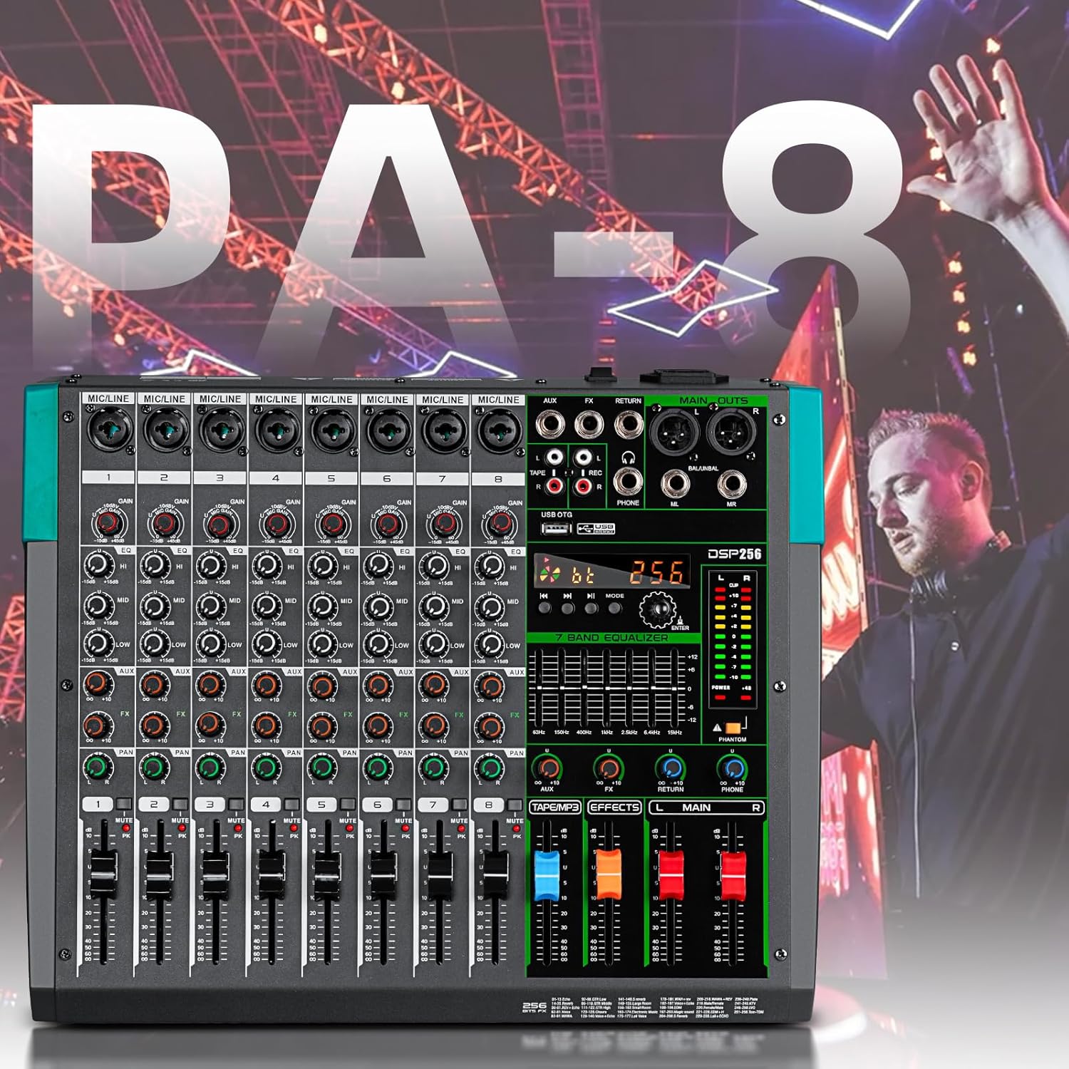Depusheng PA12 Mixer DJ Professionale a 12 Canali con 256 Effetti DSP, Ingresso Bluetooth, Lettore USB, Alimentazione Phantom 48V