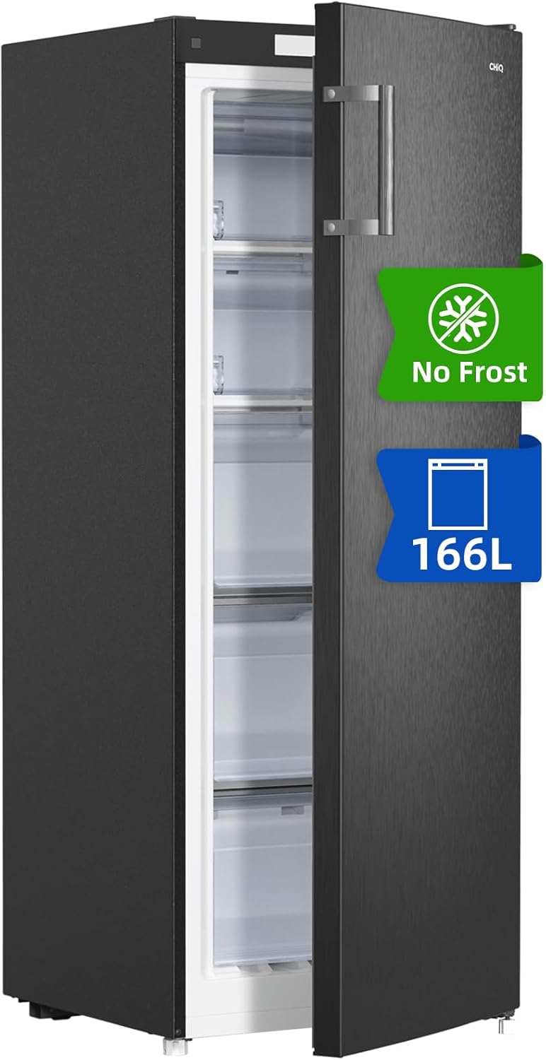 CHiQ FSD166NE4E Congelatore 166 L, Tecnologia No Frost, Porta Reversibile, Acciaio Inox Nero, Altezza 144 cm