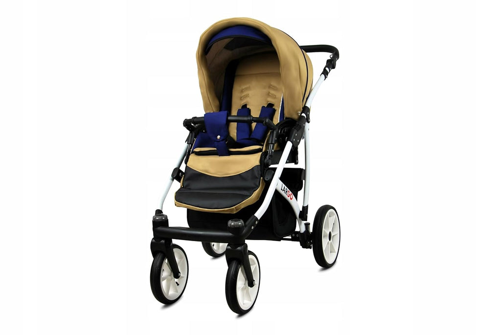 BabyLux Largo 2-in-1 Baby Kinderwagen Tief und Kinderwagen mit Zubehör Verstellbar und faltbar Aluminiumkonstruktion Wasserdicht Nicht abnehmbare Räder Brown Cream White Frame