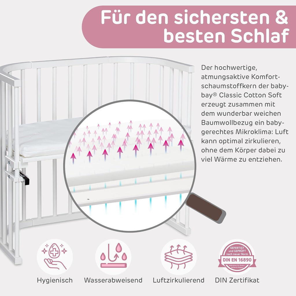 babybay Original Lettino da affiancare in massello di faggio / compatto e trasformabile / Altezza regolabile senza livelli preimpostati ed ecologico / Lettino evolutivo (laccato bianco) / Materasso incluso