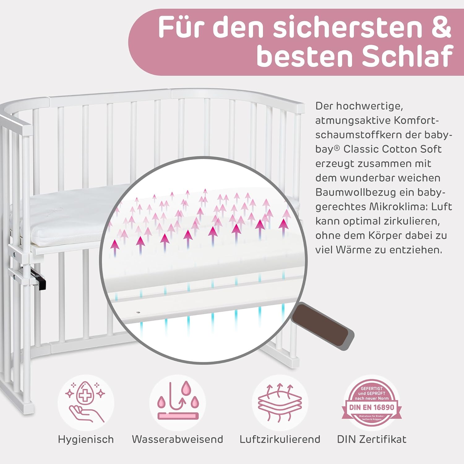 babybay Original Lettino da affiancare in massello di faggio / compatto e trasformabile / Altezza regolabile senza livelli preimpostati ed ecologico / Lettino evolutivo (laccato bianco) / Materasso incluso