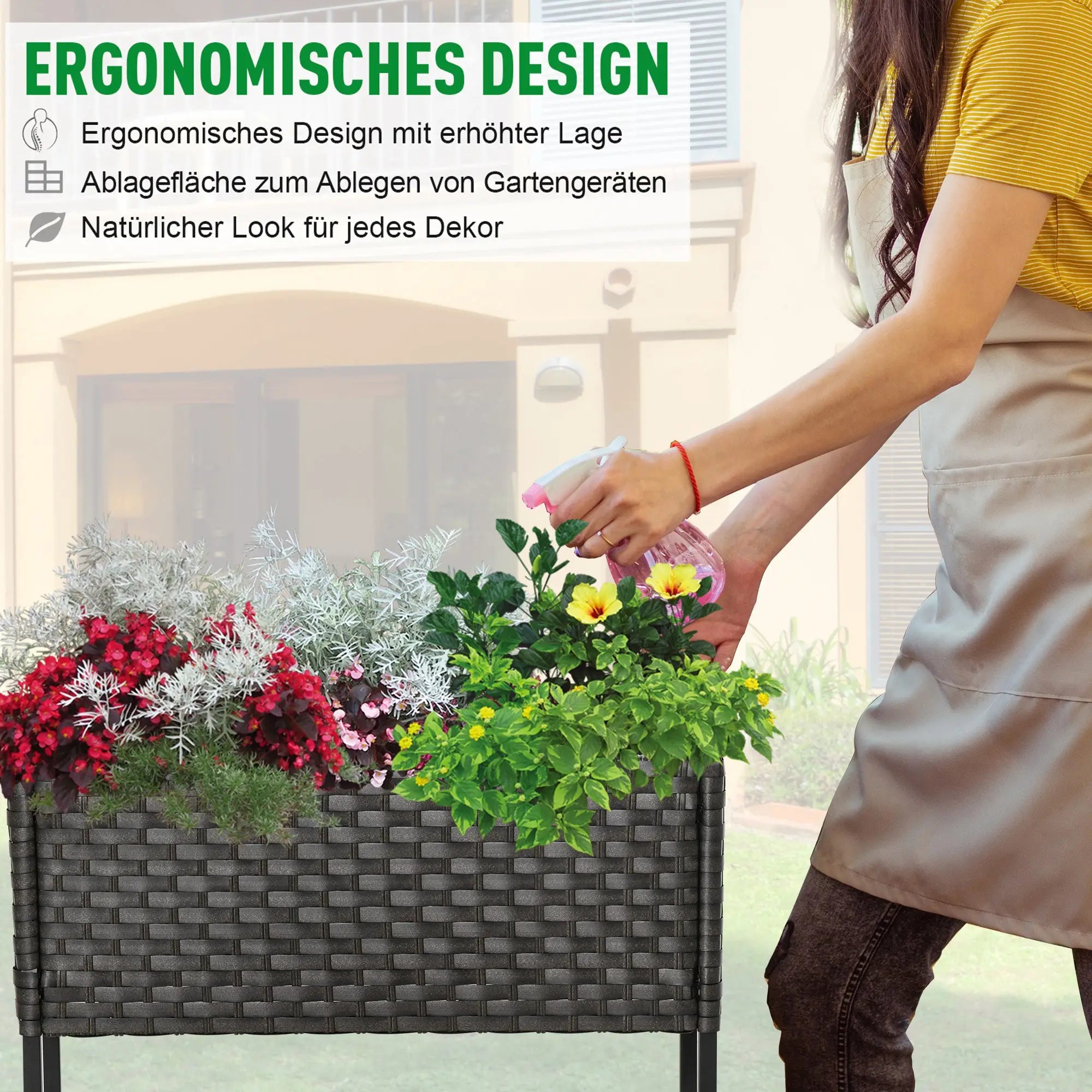Outsunny Hochbeet Pflanzkübel rückenschonend mit Ablage Poly-Rattan