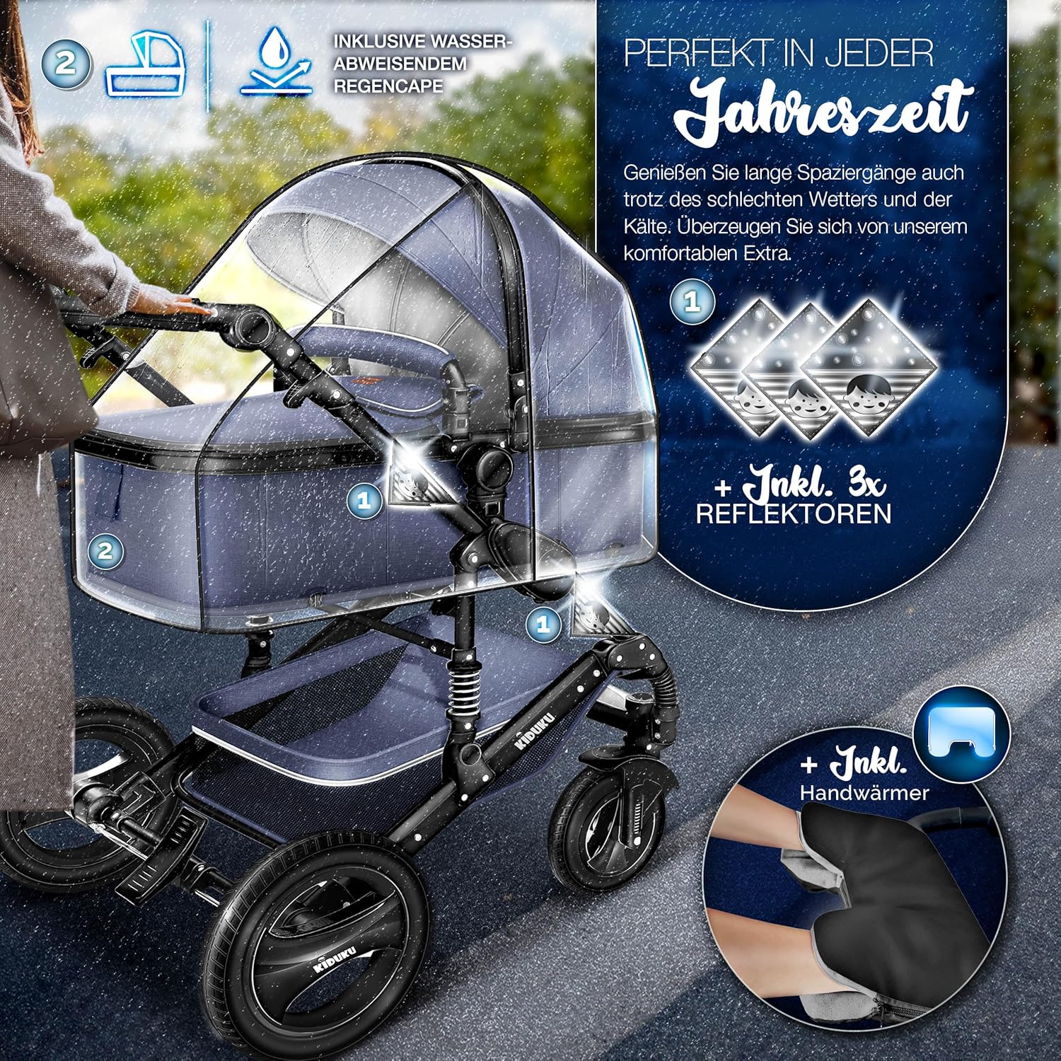 KIDUKU® Set completo passeggino 3 in 1 | Set passeggino combinato con navicella e sedile sportivo passeggino e seggiolino auto ovetto sacco a pelo | Ruote in gomma piena borsa per il cambio scaldamani parapioggia tavolino ECE R129