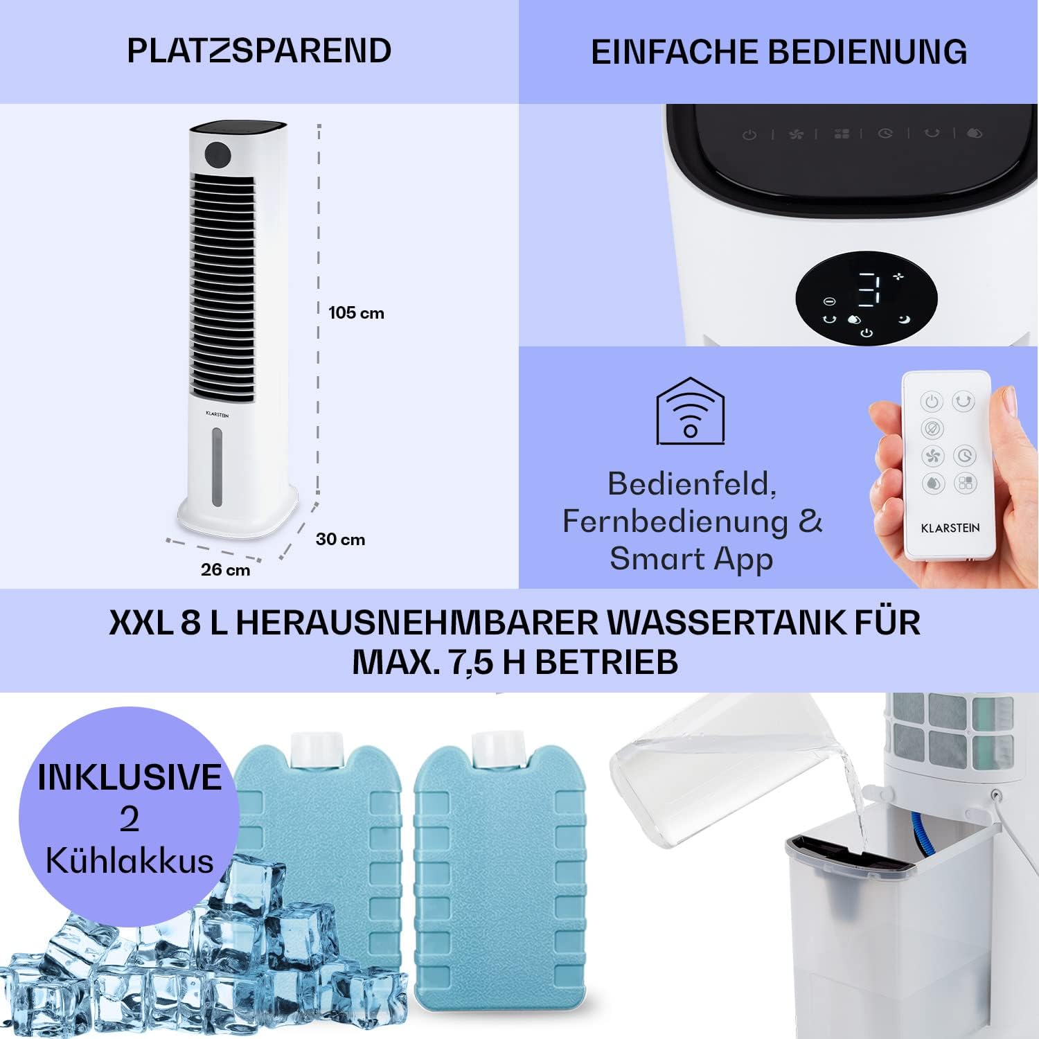 Klarstein Raffreddatore d'aria con Raffreddamento ad acqua, Raffrescatore Evaporativo 5 in 1, Umidificatore, Ventilatore e Purificatore d'aria, Raffreddatore d'aria Portatile con Controllo App, 80W, Flusso d'aria 462m³/h, Bianco