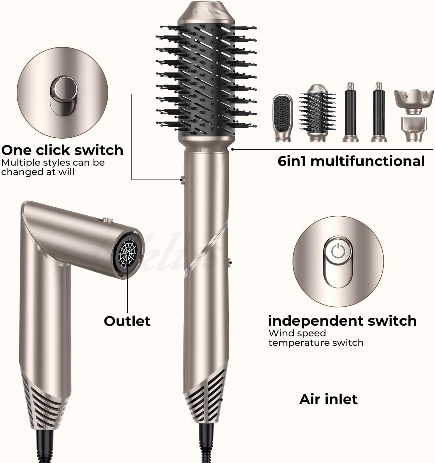UKLISS 7 in 1 Pro Airstyler & Ionen Föhn [110,000RPM] High-speed Haartrockner Ionen Hair Dryer, mit Heißluft Lockenwickler Thermal Brush Haarglätterbürste Warmluftbürste Föhnbürste, 1200W/Blau