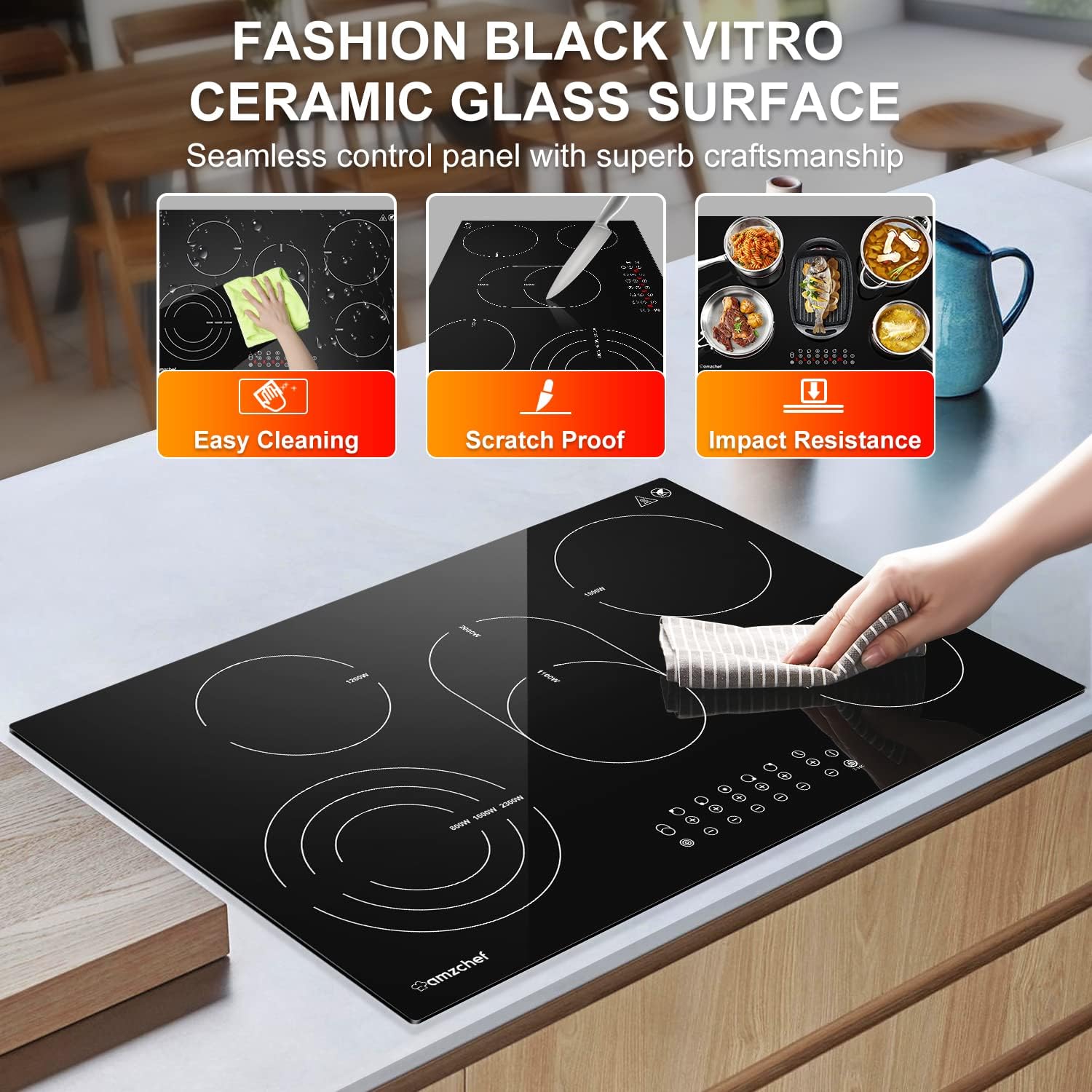 AMZCHEF Induktionskochfeld 60cm mit Zwei Flexzonen, 4 Zonen Induktionskochplatte mit Boost-Funktion und 9 Leistungsstufen, Touch-Bedienung, Timer, Sicherheitsschloss, Überhitzungsschutz, BBQ, 7200W