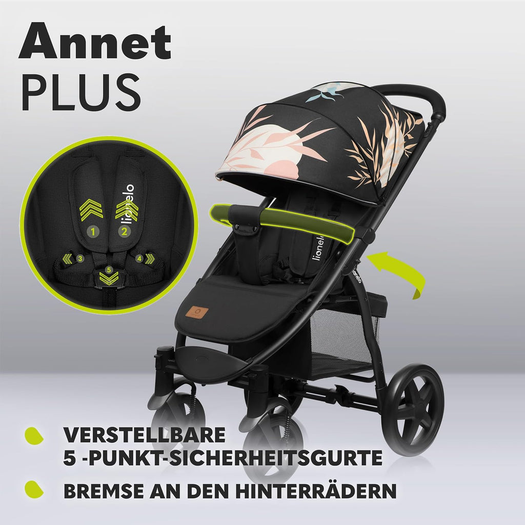LIONELO Annet Buggy fino a 22 kg con funzione reclinabile, passeggino compatto richiudibile con accessori, ruote in schiuma EVA, zanzariera, coprigambe, portabevande, cestino (Golden Moments, Tour)