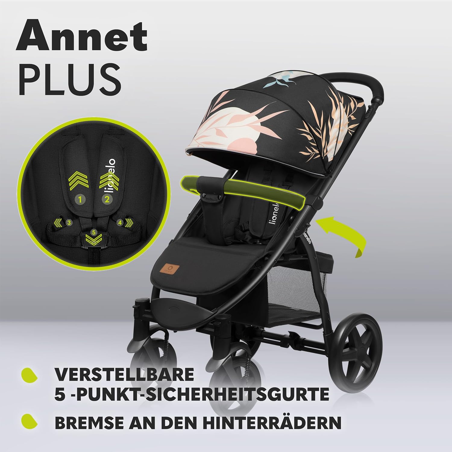 LIONELO Annet Buggy fino a 22 kg con funzione reclinabile, passeggino compatto richiudibile con accessori, ruote in schiuma EVA, zanzariera, coprigambe, portabevande, cestino (Golden Moments, Tour)