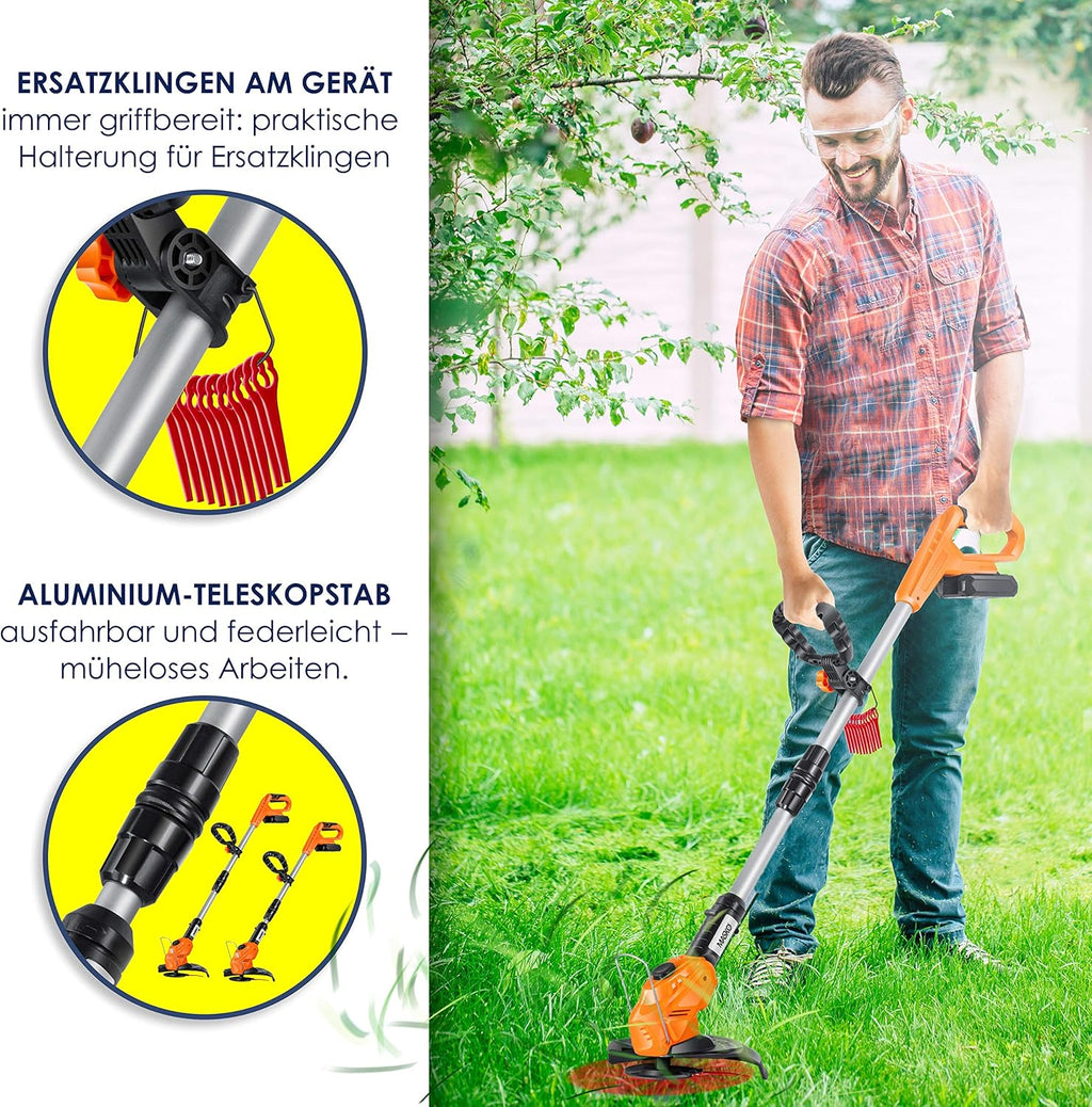 MASKO Decespugliatore a batteria con batteria al litio da 20 V, batteria da 2,0 Ah e caricabatterie, larghezza di taglio 26 cm, angolo di taglio 180°, manico telescopico e impugnatura aggiuntiva, incl. 20 lame in plastica, grigio