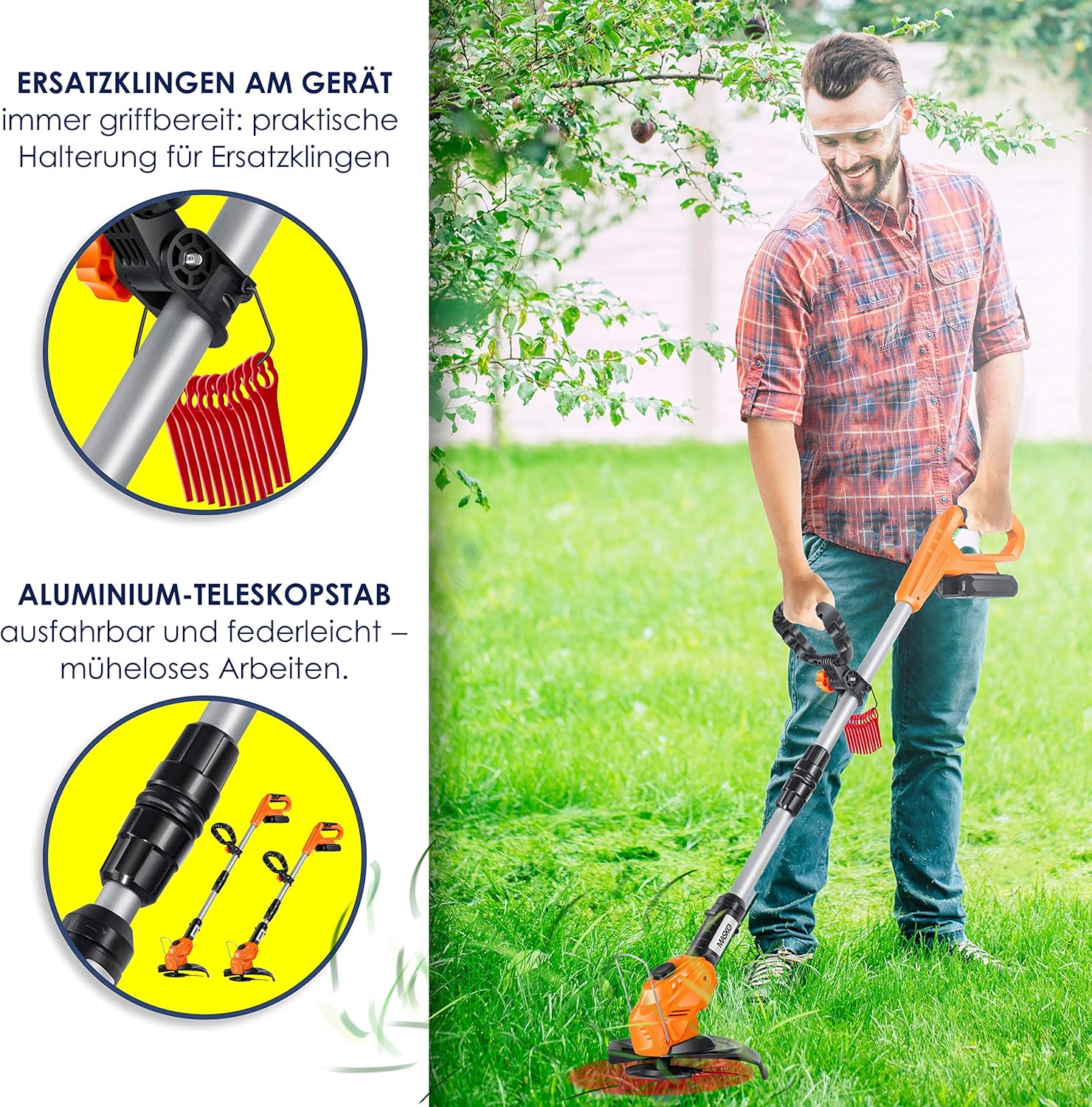 MASKO Decespugliatore a batteria con batteria al litio da 20 V, batteria da 2,0 Ah e caricabatterie, larghezza di taglio 26 cm, angolo di taglio 180°, manico telescopico e impugnatura aggiuntiva, incl. 20 lame in plastica, grigio