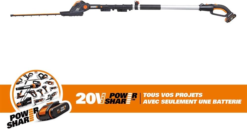 Worx 18V(20V MAX) Akku Teleskop Heckenschere Heckenschneider WG252E, 2,0Ah, PowerShare, lasergeschnittene Diamantmesser, 1 Std.Schnellladegerät