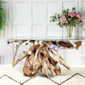 Teak Wurzelholz Konsole NAGA Breite 140cm mit Glasplatte - Unikat