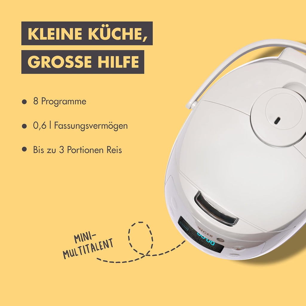 REISHUNGER Cuociriso digitale piccolo, nero | Da 0,6 L fino a 3 persone | Funzione mantenimento calore, timer e pentola premium | Multicooker e vaporiera piccoli, 8 programmi, tecnologia a 7 fasi