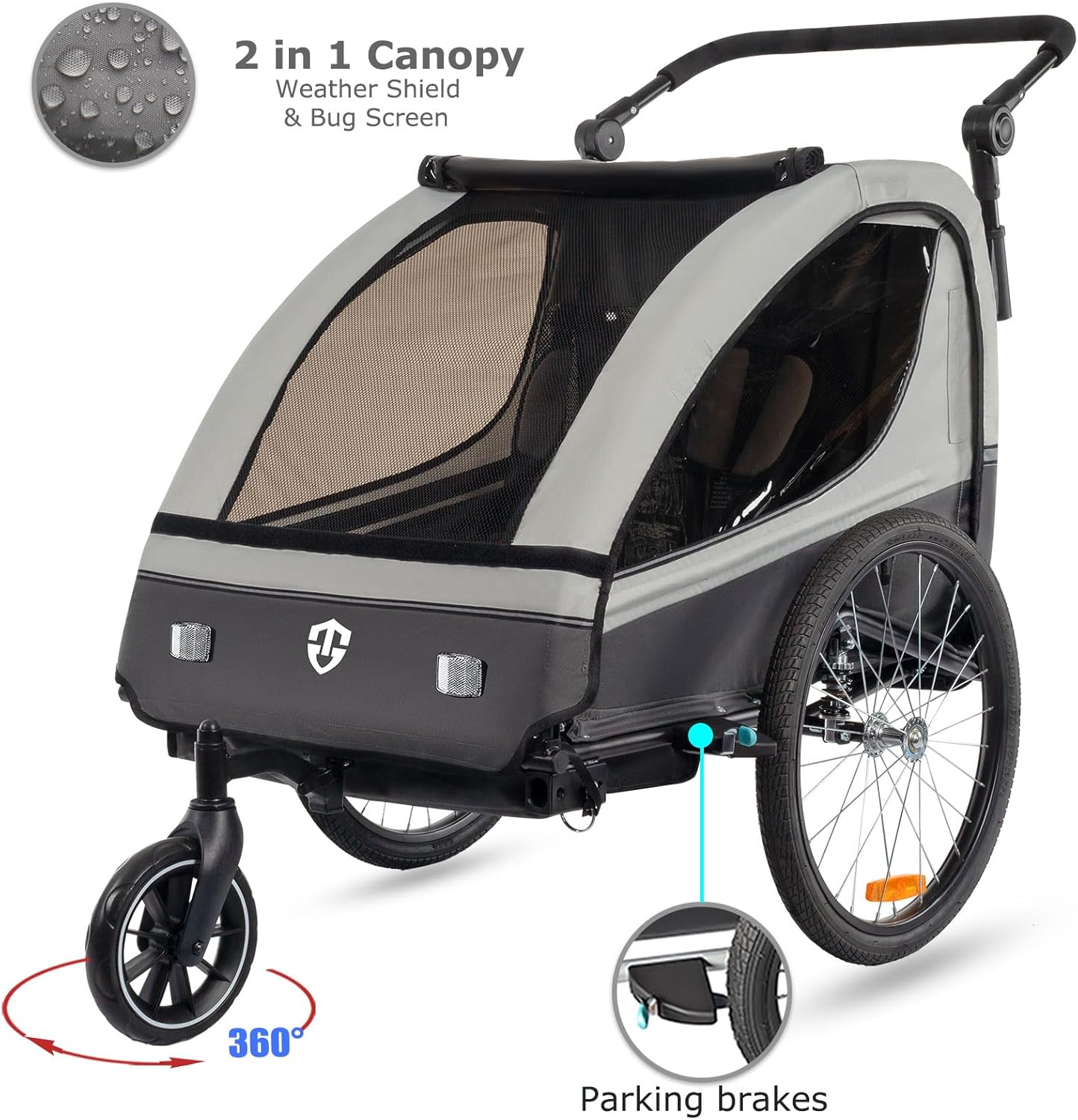 Tiggo VS Kinderanhänger 360° Drehbar mit Federung 2in1 Fahrradanhänger mit Buggy Set Jogger 5-Punkt Gurt Fahrrad Anhänger für 1 bis 2 Kinder max. 40kg