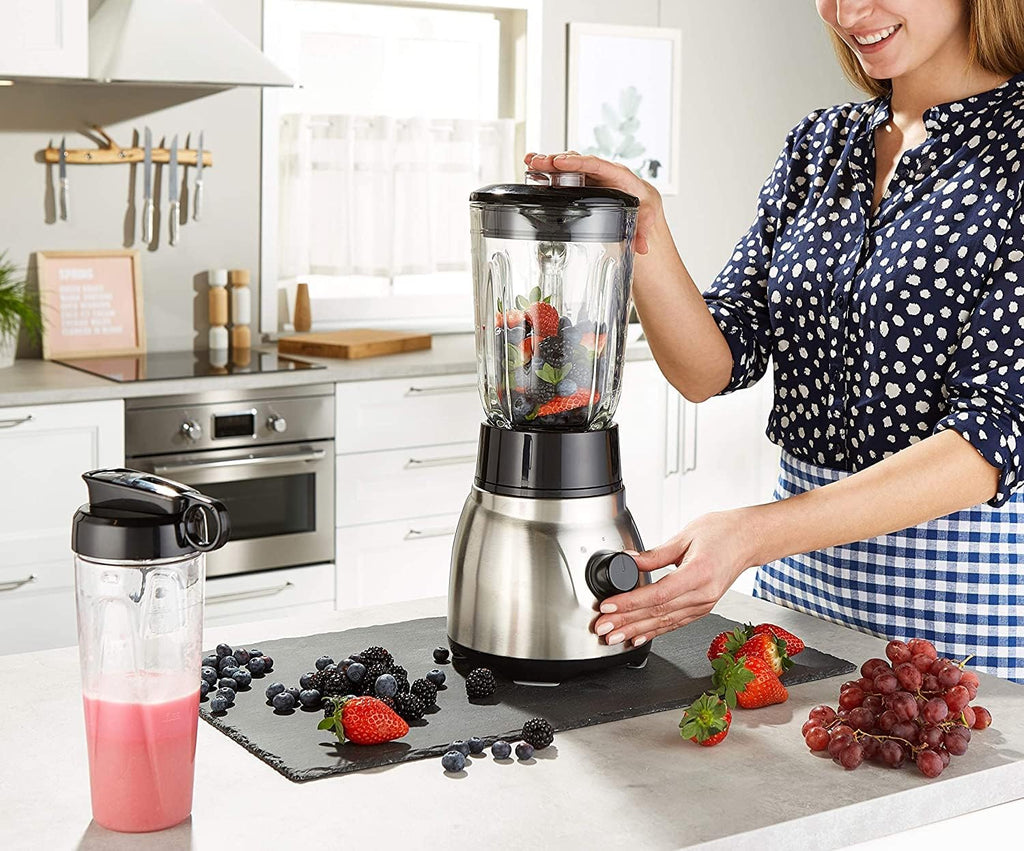 Russell Hobbs Frullatore 2-in-1 [Frullatore con caraffa in vetro da 1,5 l e mini frullatore da 0,6 l con borraccia to-go con coperchio] Lavabile in lavastoviglie, Funzione Pulse/Tritaghiaccio, Bicchieri senza BPA, Acciaio inox 23821-56