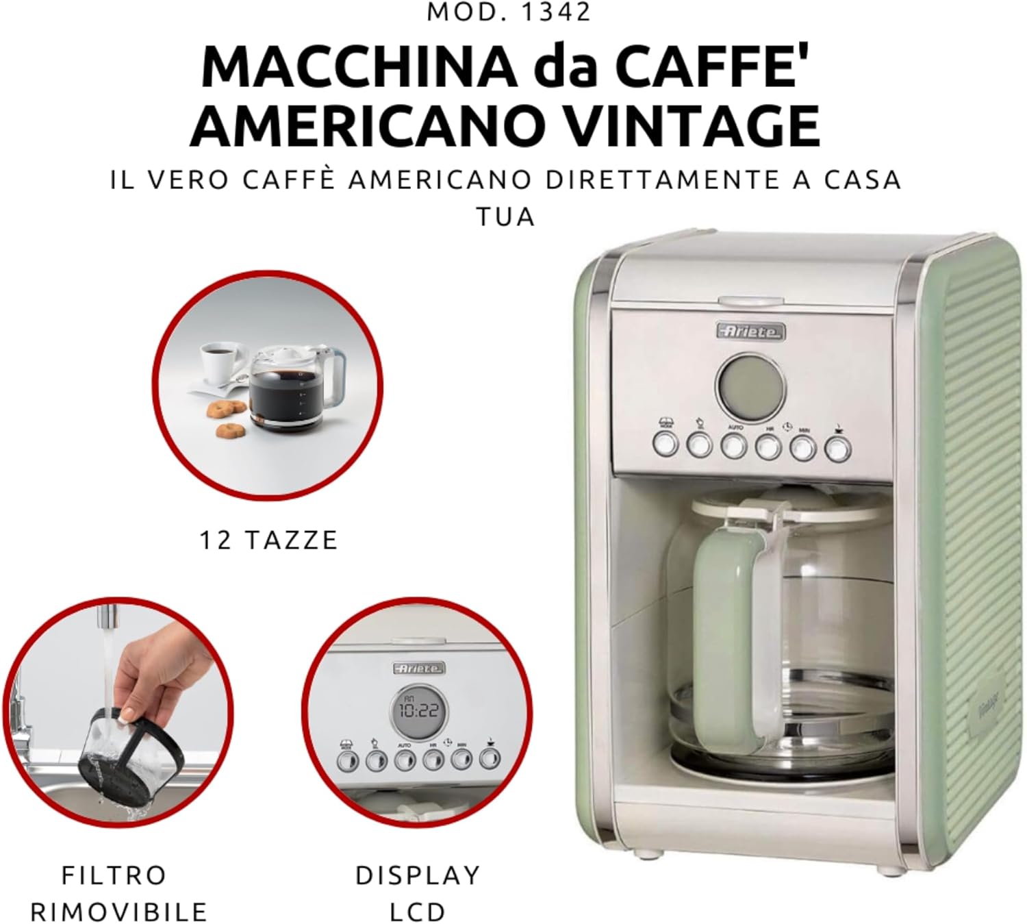 Ariete Vintage 1342 Macchina da Caffè Americano Retrò, Caraffa in Vetro Temperato, Fino a 12 Tazze, Timer 24 Ore, Spegnimento Automatico, Funzione Anti-Goccia, Piastra Riscaldante, Capacità 1.5 L, 2000 W, Verde