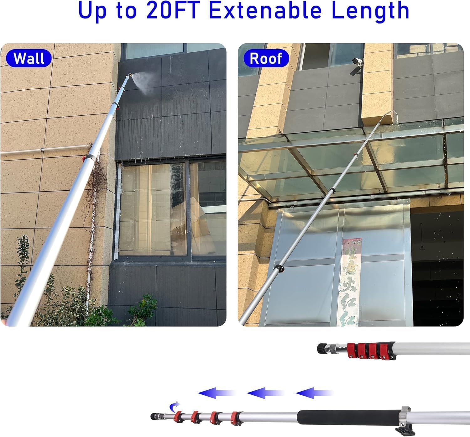 M MINGLE Teleskop-Hochdruckreiniger-Zauberstab, 6 m, Aluminium, Hochleistungsreiniger, Teleskop-Sprühstab mit 2 Verlängerungsstäben, 5 Sprühdüsenspitzen, 2 Kupplungen und Stützriemen, 4000 PSI