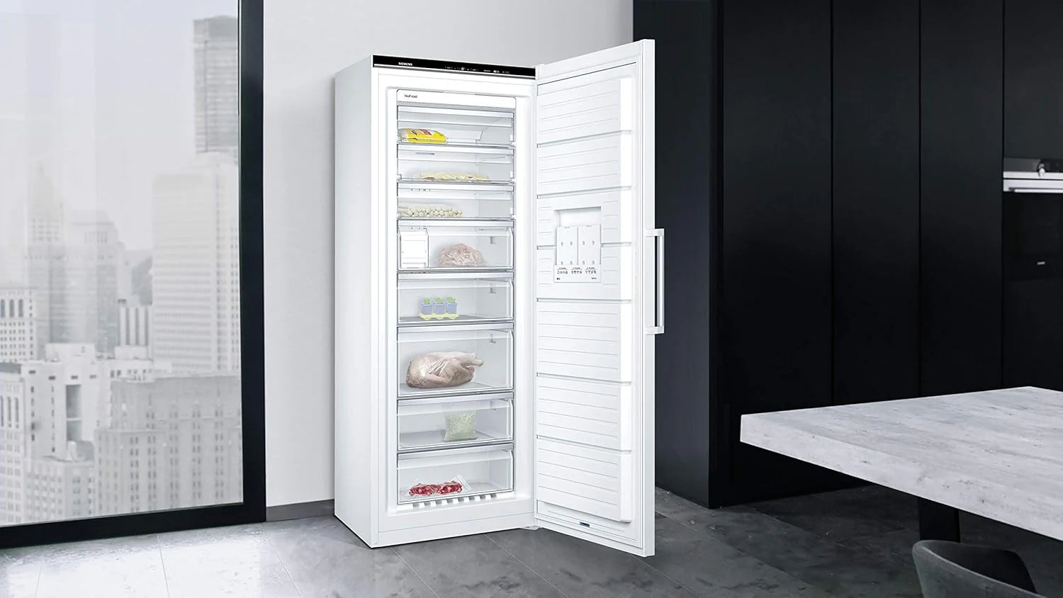 Siemens GS54NAWCV iQ500 Congelatore, 176 x 70 cm, 327 L, noFrost mai più sbrinamento, bigBox spazio per alimenti grandi, varioZone ripiani in vetro e cassetti flessibili, Bianco