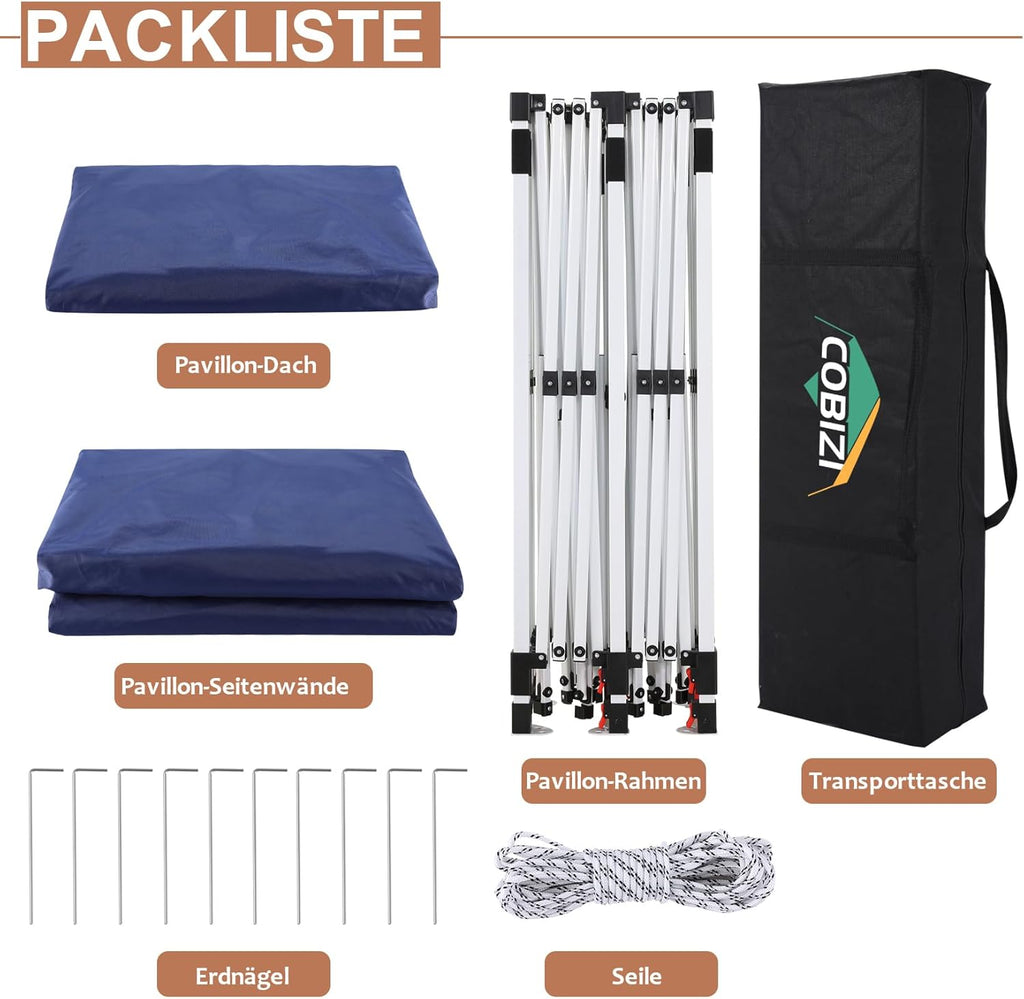 COBIZI Gazebo 3x6 Pieghevole Impermeabile Stabile con 6 Pareti Laterali a Cono Tenda per Feste 3 Altezze Regolabili Protezione UV Borsa per il Trasporto Picchetti, Corde per Giardino, Matrimoni, Mercati, Eventi all'Aperto