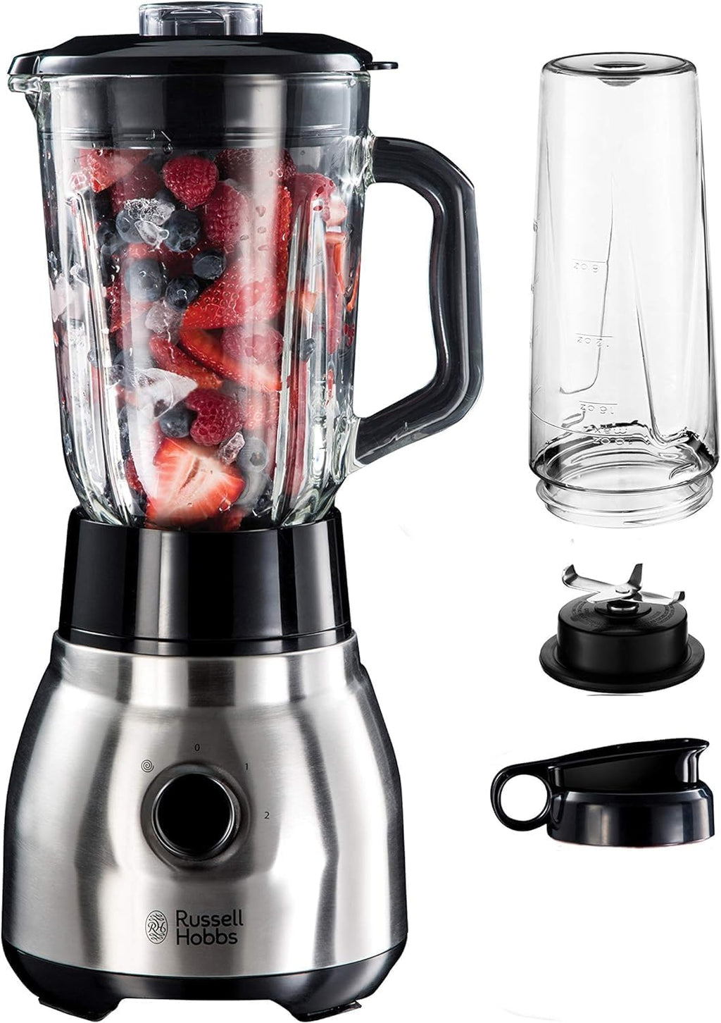Russell Hobbs Frullatore 2-in-1 [Frullatore con caraffa in vetro da 1,5 l e mini frullatore da 0,6 l con borraccia to-go con coperchio] Lavabile in lavastoviglie, Funzione Pulse/Tritaghiaccio, Bicchieri senza BPA, Acciaio inox 23821-56