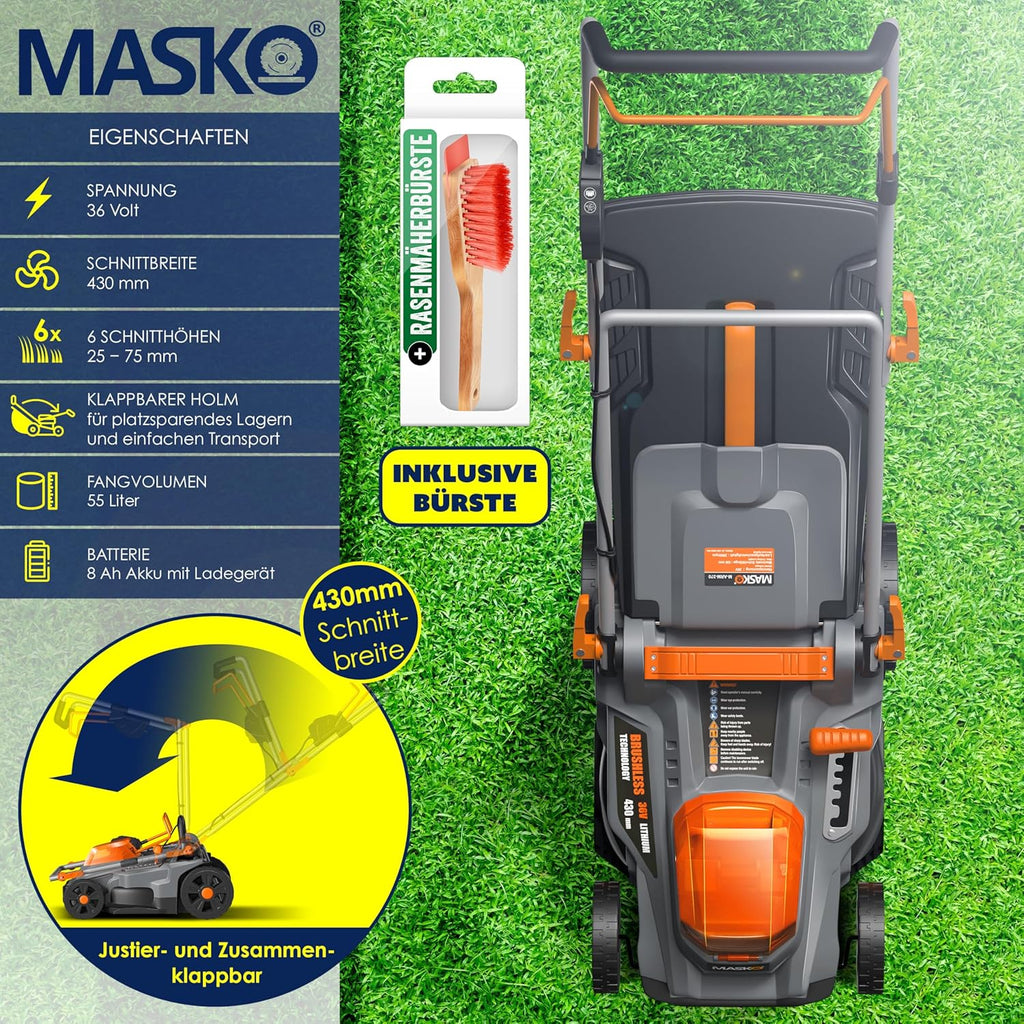 MASKO® Akku Rasenmäher mit Mulchfunktion inkl. 2X Akkus Li-Ion Batterie 4Ah & Doppel-Ladegerät – Rasentrimmer Schnittbreite 37cm, 6-fache 25-75mm Schnitthöhenverstellung Fangkorb 40L bis 600m² Flächen