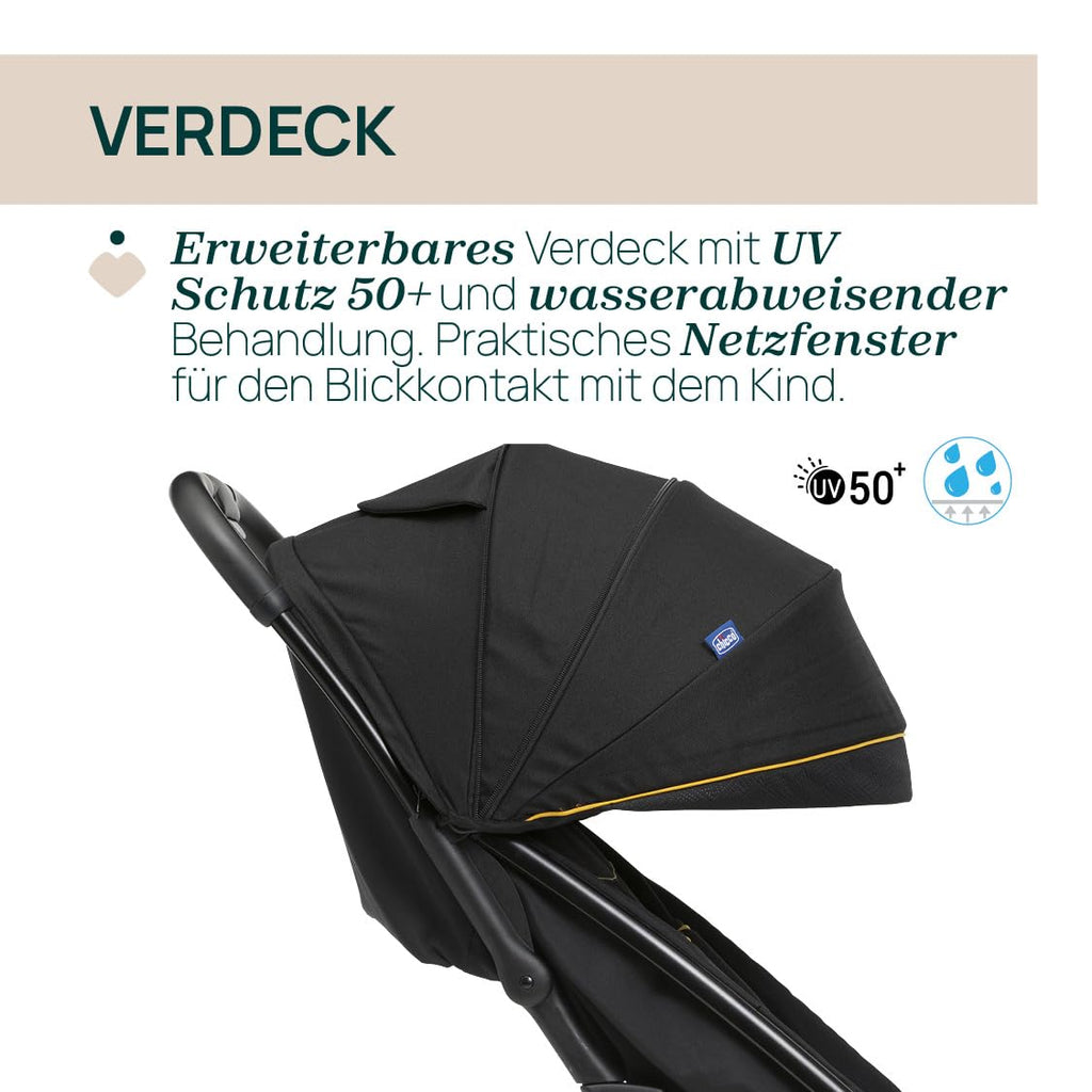 Chicco, Glee, Kinderwagen ab 0 Monate bis 4 Jahre, mit Automatik- und Kompaktverschluss, Ausziehbares Verdeck mit Lichtschutzfaktor 50+ und Regenschutz, 3-stufig verstellbare Rückenlehne, Beinauflage