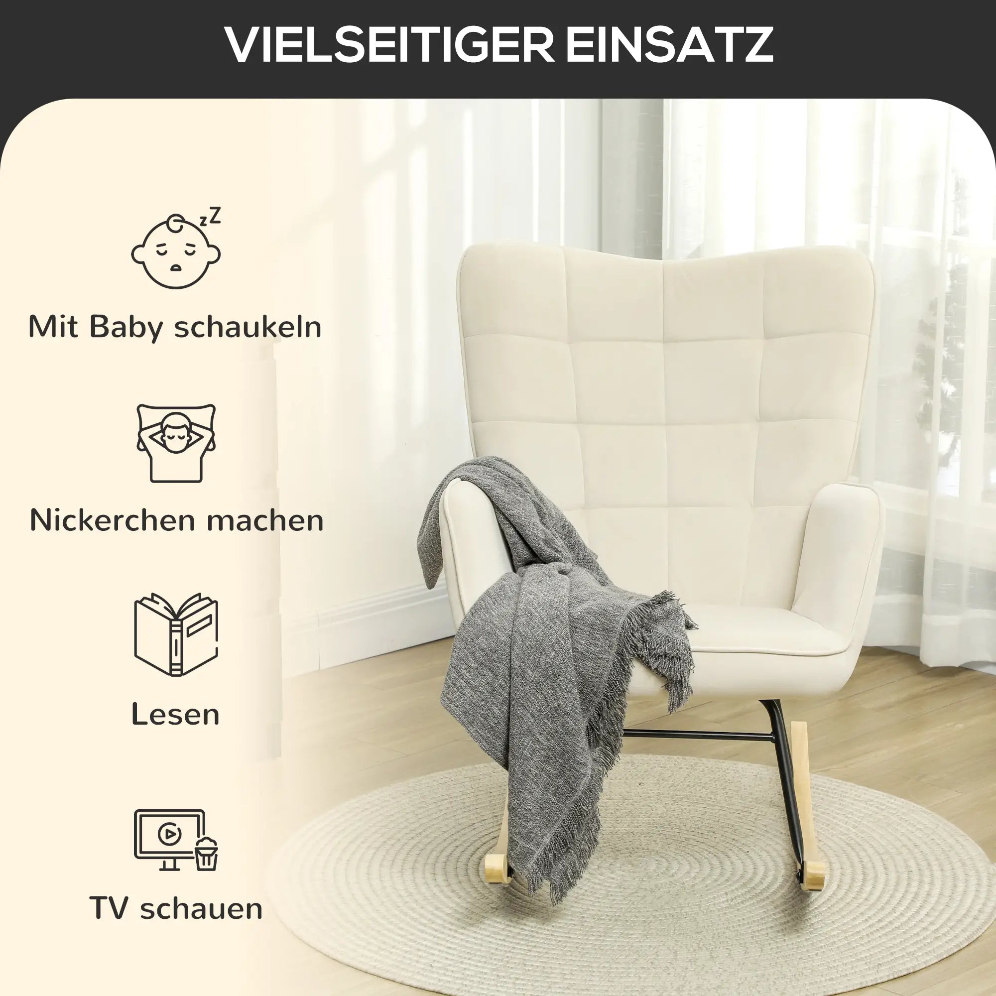 HOMCOM Schaukelstuhl Samtoptik Holzkufen Elegantes Design Beige