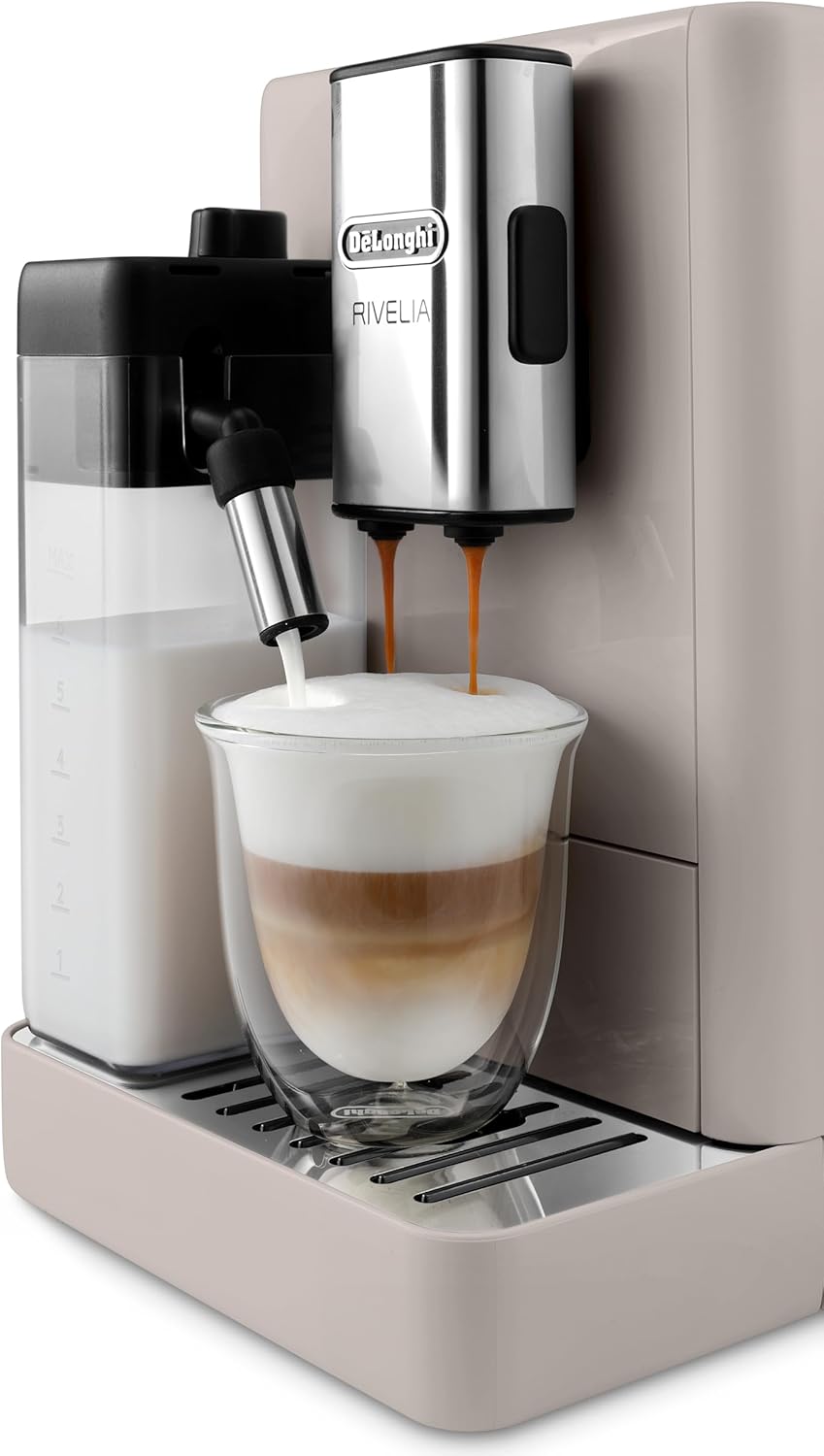 De'Longhi Rivelia EXAM440.35.BG Macchina da caffè automatica con lancia vapore, contenitore chicchi intercambiabile, 8 bevande a base di caffè one-touch, funzione Extra Shot, display touch da 3,5 pollici, Beige