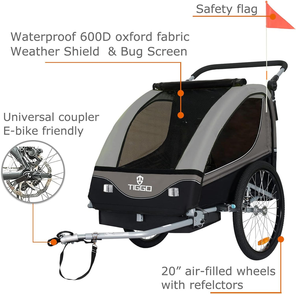 Tiggo S2 Rimorchio per Bambini con Sospensioni Jogger 2 in 1 Passeggino Bicicletta Rimorchio Girevole a 360°