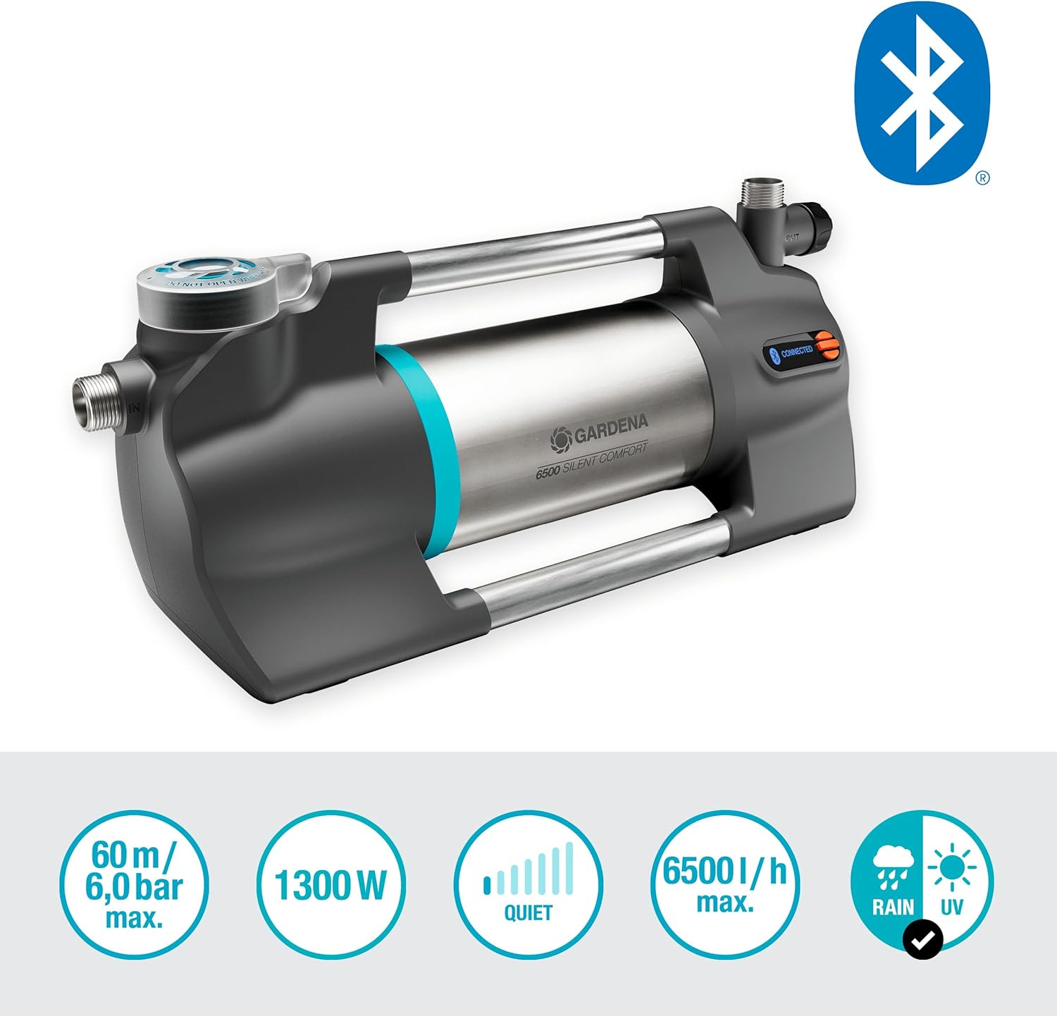 Gardena Pompa da Giardino 6500 SilentComfort: Pompa di irrigazione extra silenziosa controllabile tramite app, portata 6500 l/h, protezione contro il funzionamento a secco, acciaio inossidabile, a risparmio energetico e impermeabile (9059-20)