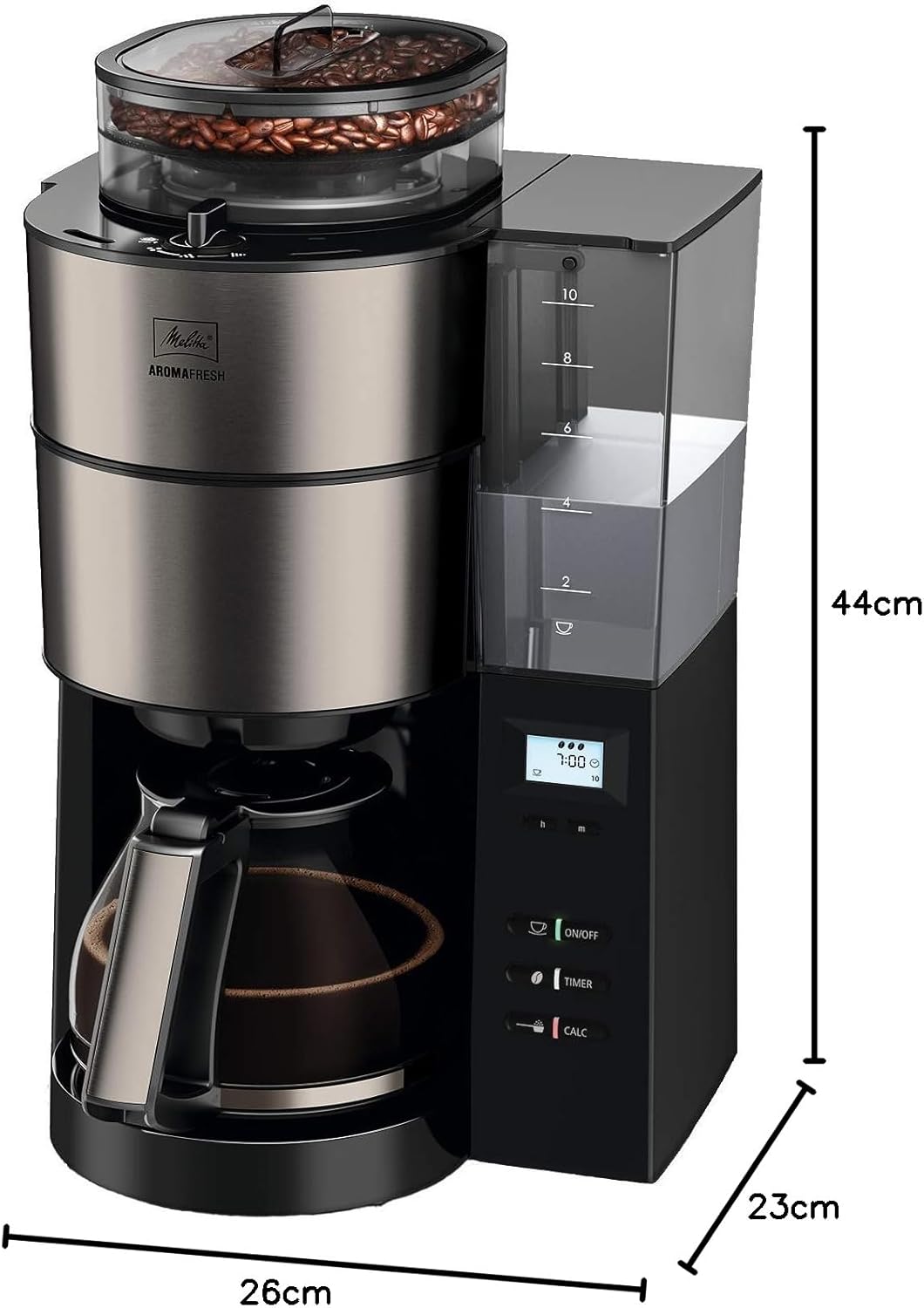 Melitta AromaFresh - Macchina da caffè con filtro - con caraffa in vetro - macinacaffè integrato - funzione timer - 10 tazze - Pure Black