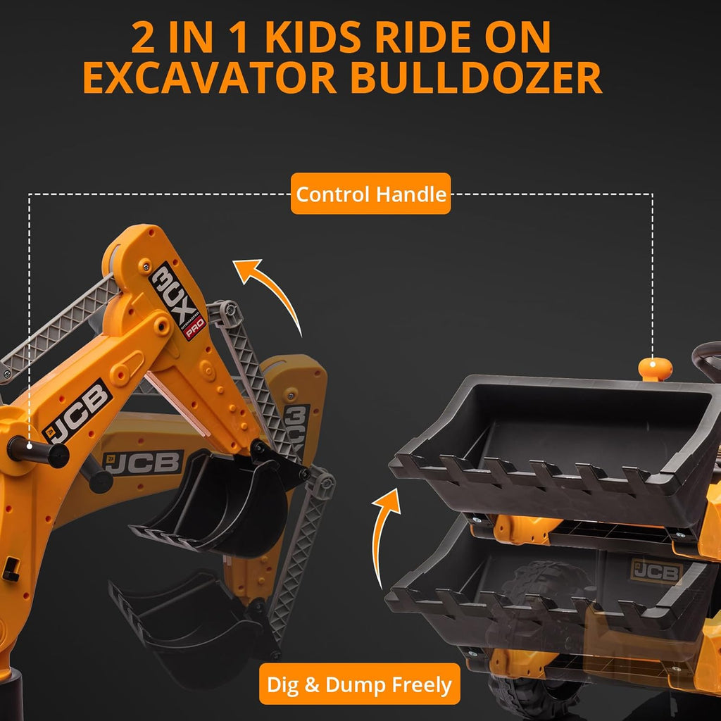 Escavatore e Bulldozer Elettrico 4 in 1, Veicolo Elettrico per Bambini 12V con Telecomando, Pala Anteriore, Escavatore, Clacson, Ruote in EVA, Giallo