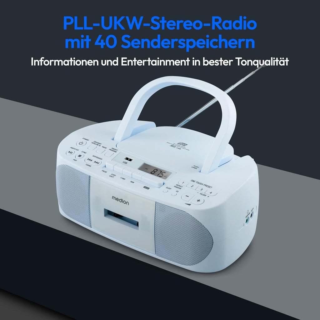 MEDION E65010 Radioregistratore stereo (lettore CD, cassetta, porta USB, ingresso audio AUX, riproduzione MP3, radio PLL FM, 40 stazioni memorizzabili, funzionamento a batteria, telecomando) bianco