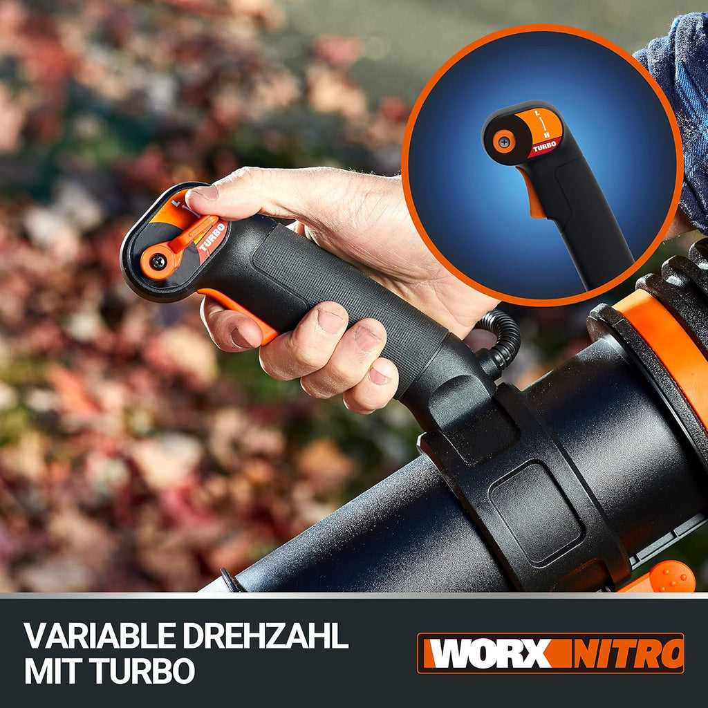WORX NITRO 40V Profi Akku-Laubbläser WG585E.9 - starker bürstenloser Motor - 3 Geschwindigkeiten & 2 Modus - 266km/h Luftgeschwindigkeit - 1053m³/h Luftmenge - leicht & kompakt - ohne Akku & Ladegerät